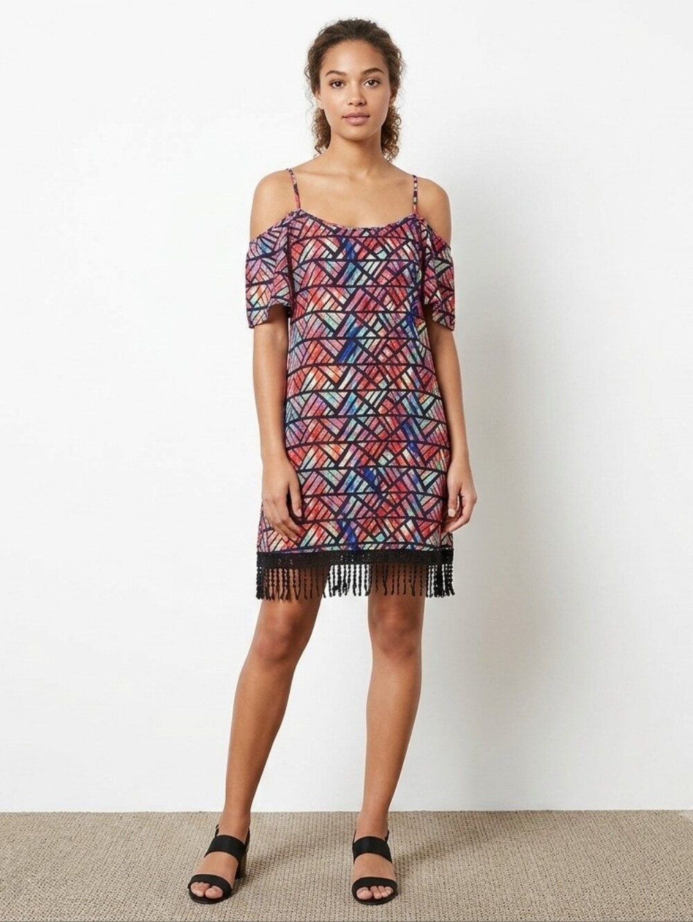 Multicolor Geometric Fringe-Hem Mini Dress Size Small